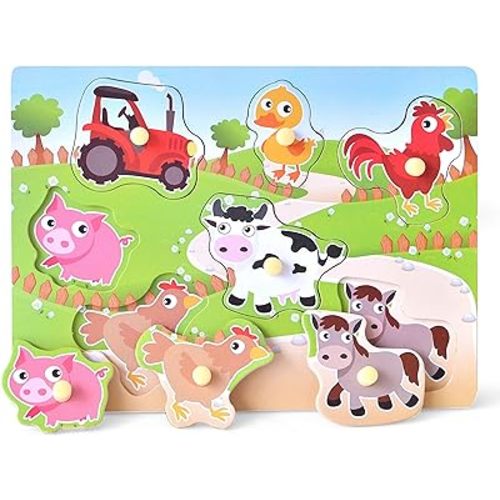 Wooden Puzzles Farm Chunky Baby Puzzles Peg Board, Full-Color Pictures for Preschool Educational Jigsaw Puzzles, 7Pieces