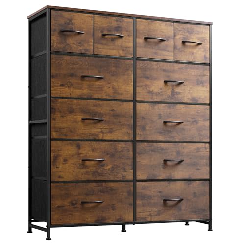 WLIVE Tall Dresser for Bedroom with 12 Drawers, Chests of Drawers, Fabric Dresser for Bedroom, Closet, Fabric Storage Dressers with Drawers, Steel Frame, Rustic Brown Wood Grain Print