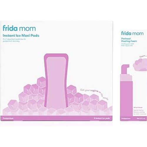 Frida Mom 2-in-1 Postpartum Absorbent Perineal Ice Maxi Pads + Perineal Medicated Witch Hazel Healing Foam for Postpartum Care, Relieves Pain and Reduces Swelling for Perineal Area