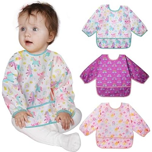 Lictin 3 Pack Baby Bibs for Boy or Girl, Cute Long Sleeve Bib, Waterproof Bibs for Toddlers,Adjustable Closure Baby Smock, Mess Proof Baby Bib, 6-24 Months Reusable Infant Baby Bibs
