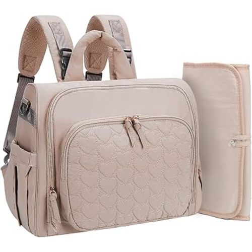 MHOMER Diaper Bag Backpack Puffer Lightweight 3 in 1 Wide Open Small Diaper Bag Tote for Travel with Changing Pad Shoulder Straps,Beige
