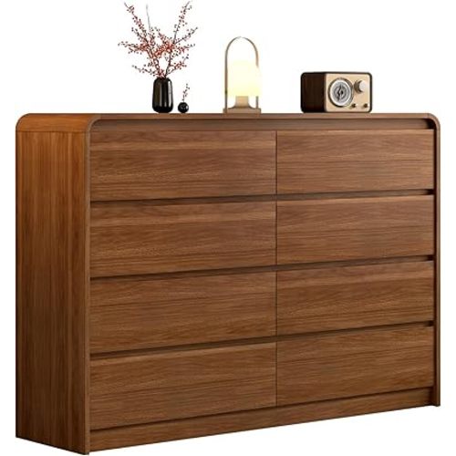 Modern 8-Drawer Dresser 55-Inch Wide, Curved Anti-Collision Design, Mid-Century Storage Cabinet with Pre-Embedded Slots, Sturdy Reusable, Ideal for Bedroom/Living Room/TV (Brown, 8-55.1)