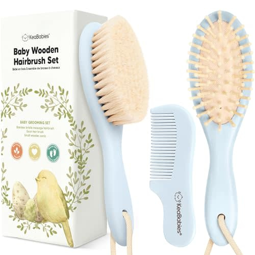 Baby Hair Brush and Comb Set for Newborn - Wooden Baby Hair Brush Set with Soft Goat Bristle, Baby Brush Set for Newborns, Baby Brush and Comb Set Girl, Boy, Toddler Cradle Cap Brush (Oval, Frost)