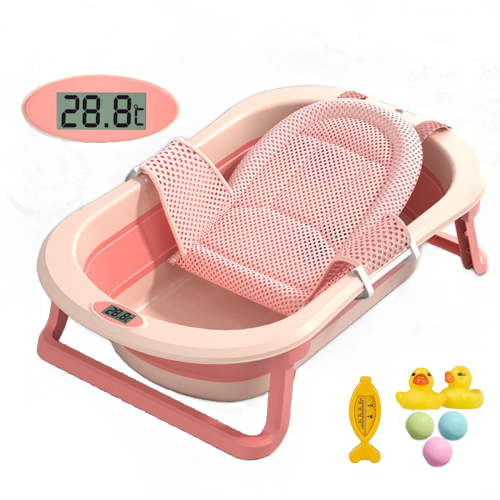 EONROACOO Foldable Baby Bathtub with Thermometer & Net, Portable Infant Baby Tub(Pink)