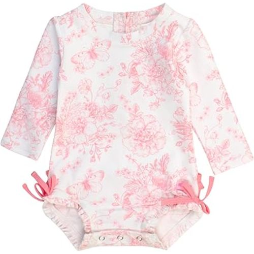 RuffleButts Baby Girls UPF 50+ Sun Protection Floral Printed Long Sleeve One Piece Rash Guard Swimsuit with Zipper