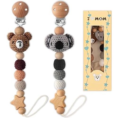 Pacifier Clip, 2 Pack Pacifier Clips for Boys and Girls, Cute Koala & Bear Handmade Knitted Pacifier Holder Fits for Most Pacifier, Baby Teethers, Baby Shower and Baby Gift