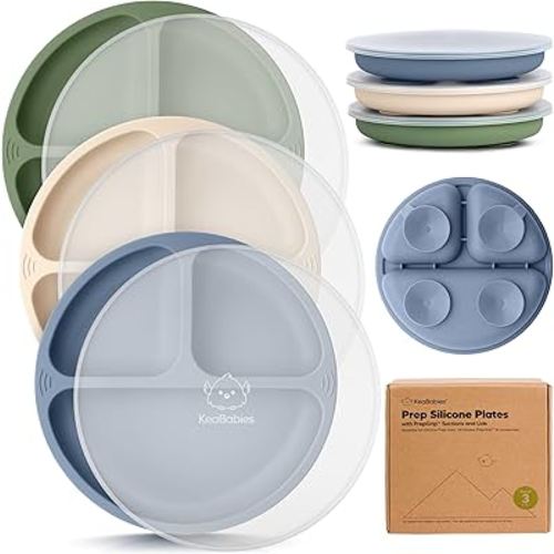 KeaBabies Suction Plates with Lids for Baby - 3-Pack 100% Silicone Suction Plates for Baby, Kids,Toddler Plates,Divided Baby Plates with Suction,Lids, BPA-Free, Microwave, Dishwasher Safe (Slate)