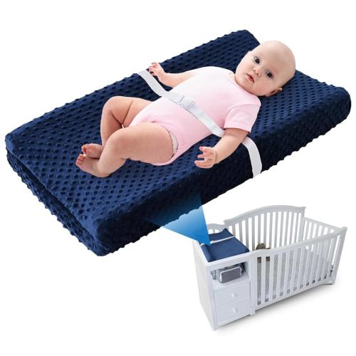 Compact Small Changing Pad with Cover - 27" X 16" Contoured Baby Diaper Changing Pad for Combo Crib with Changing Table-Waterproof & Hypoallergenic, Safety Strap with Quick-Release Buckle-Blue