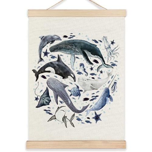 RYYCDOI Ocean Marine Life Wall Art, Sea Animal Whale Dolphin Turtle Shark Poster Hanger Frame for Kids Room Nursery Bathroom Decor, Under the Sea Decor, 12x16 Inches