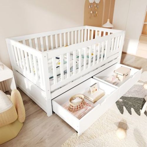 ModernLuxe 3-in-1 Convertible Crib Toddler Bed to Kids Daybed, Pine Wood Transition Bed Frame with 2 Drawers & Removable Guardrails, White