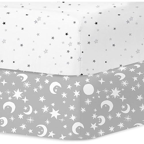 Baby Crib Sheets Set for Boys & Girls, 2-Pack Soft & Breathable Microfiber, 52"x28" Fitted Sheets for Standard Toddler Crib Mattress, Cute Patterns(Star & Moon)