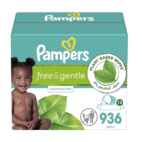 Pampers Free & Gentle Baby Wipes, 99% Water, Hypoallergenic, Unscented, 100% Plant Based, Plastic-Free Baby Wipes, 936 Baby Wipes Total (12 Flip-Top Packs)