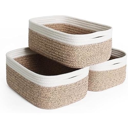 11.81"x7.87"x4.72" Storage Baskets for Shelves, 3 Pack Small Cotton Rope Woven Baskets for Organizing, Wicker Storage Organizer Bins for Nursery Closet Bathroom, Decorative Gift Baskets Empty