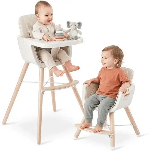 Mallify 3-in-1 Wooden High Chair, Convertible High Chairs for Babies and Toddlers, Baby Highchair with Adjustable Legs & Dishwasher-Safe Tray, Sleek Hardwood & Premium PU Cushion, Beige