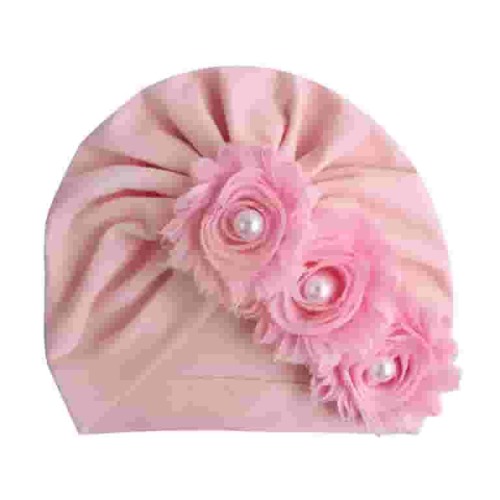 Cotton Baby Girls Headband, Knotted Chiffon Flower Pearls Head Band Infants Toddlers Newborn Stretchy Hair Accessories (One Size, Pink)