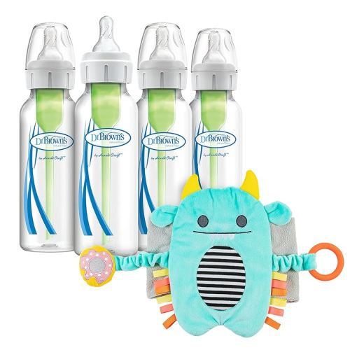 Dr. Brown’s Anti-Colic Options+ Narrow Baby Bottles, Level 1 Nipples, 0m+, 8oz 4-Pack and Gripebelt for Natural Colic Gas and Upset Stomach Relief in Babies and Toddlers, Blue Monster