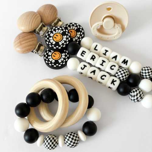 Happy Dude Silicone Baby Pacifier Clip with Checker Print Smiley Face • Personalize with Baby Boy Name • Custom Baby Shower New Boy Mom Gift
