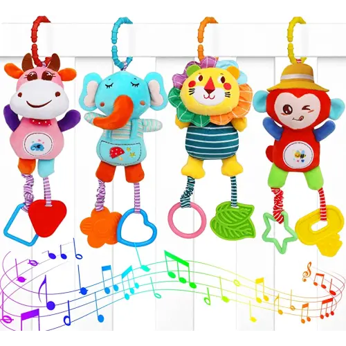 Baby Toys for 3 6 9 to 12 Months, Infant Toys Soft Hanging Rattle Crinkle Sensory Learning Toys Newborn Stroller Car Seat Crib Toys Plush Animal Rattle Toys with Teether for Baby Boys Girls