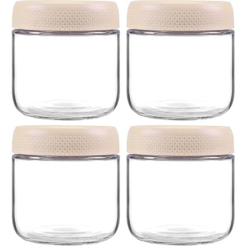 4 Pack Glass Clear Storage Canister with Airtight Lid, 12oz Overnight Oats Containers, Small Cute Decorative Pantry Jar for Snacks, Yogurt, Cereal, Fruit, Salad, Spice, Sugar, Coffee - Beige