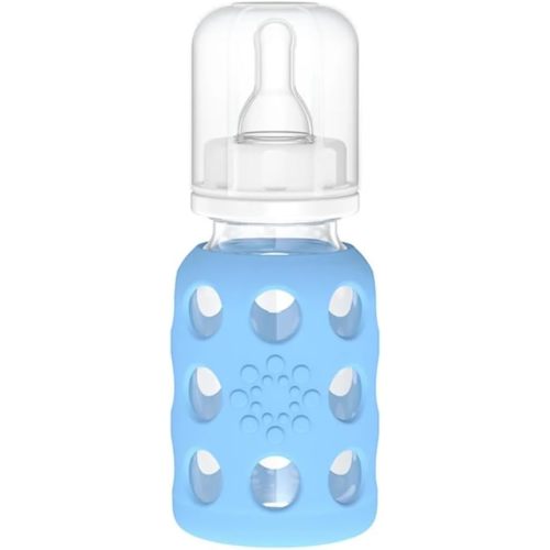 Lifefactory 4-Oz Glass Baby Bottle with Protective Silicone Sleeve and Stage 1 Nipple Sky Blue