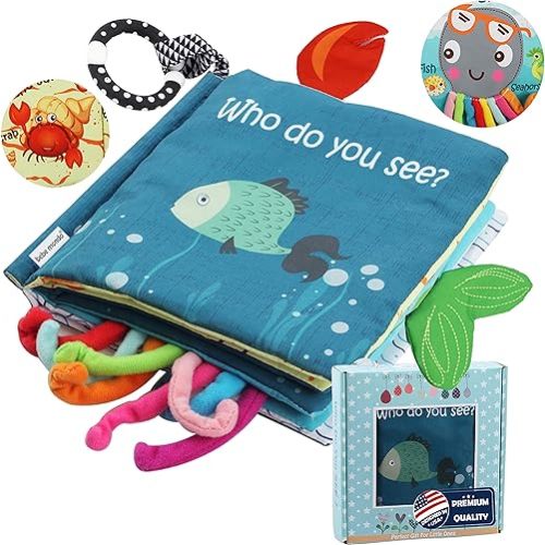 Baby Books 0-6 Months,Touch and Feel Crinkle Books Soft Cloth Books for Babies Infant Baby Toys 0-3-6-12 Months Book 6 to 12 Months,Fish Sensory Teething Toy, Shower Baby Gifts Boys Girls W/Gift Box