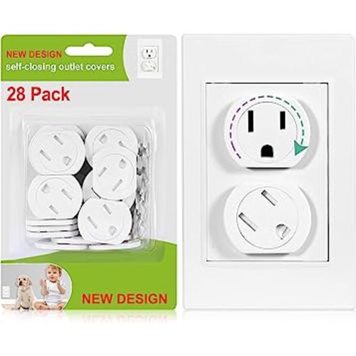 Outlet Covers (28 Pack) Self-Closing Child Proof Socket Covers 3-Prong Swivel Outlet Plug Covers Upgraded Adhesive Installation Comes with Extra Sticker Electrical Outlet Protectors for Baby