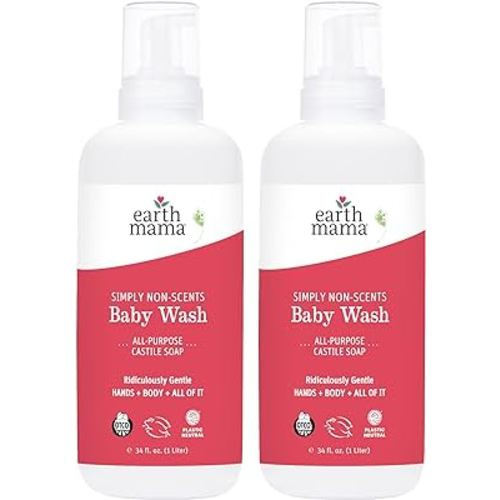 Earth Mama Simply Non-Scents Baby Wash Foaming Hand Soap, Organic All-Purpose Fragrance Free Body Wash for Sensitive Skin, Castile Soap with Coconut Oil, Shea Butter, Calendula, & Aloe, 34floz (2-Pk)