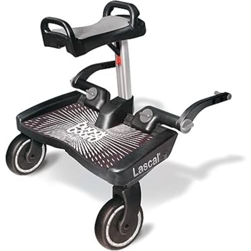 BuggyBoard Maxi+ Universal Stroller Board with Gray Folding Seat, Fits 90% of Strollers Including UPPAbaby, Baby Jogger, Bugaboo, No Need for a Double Stroller, Max Weight 66 lbs.