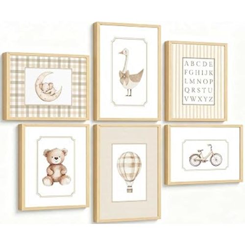 6Pcs Vintage Nursery Canvas Wall Art Funny Cute Animals Posters Print Artwork Neutral Kids Room Painting Pictures Wall Decor for Children Playroom Bedroom Home Decoration 12x16in Unframed