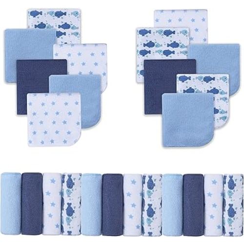 Viviland Baby Washcloths, Super Soft Baby Bath Towels for Newborn 24 Pack, Absorbent Face & Body Wash Cloth for Baby Boy, Whale Bro Pattern, 9 x 9 inch