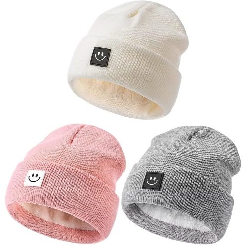 Hispeka Baby Beanie Hat 3 Packs with Cute Smiley Face, Toddler Girls Boys Baby Hats Winter, Kids Winter Hat Cold Weather