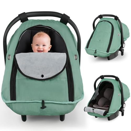 Winter Car Seat Cover Baby,Waterproof Carseat Covers Baby Boy Girl,Breathable Infant Car Seat Cover Canopy,Windproof and Warm Stroller/Carrier Covers for Winter Newborn Essentials,Green