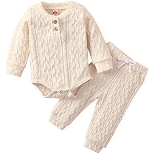 Newborn Baby Boy Girl Clothes Ribbed Knitted Cotton Long Sleeve Romper Long Pants Solid Color Fall Winter Outfits