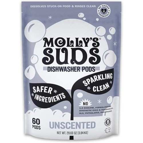 Molly's Suds Dishwasher Pods | Clean Dishwasher Detergent, Cuts Grease & Rinses Clean (Residue-Free) for Sparkling Dishes | 60 Auto-Release Tabs (Unscented)