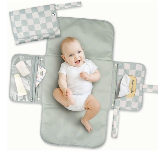 Tiny Twinkle Portable Diaper Changing Pad | Waterproof, Wipeable & Compact Baby Changing Pad for Travel | Smart Wipes Pocket & Organized Storage| Newborn Shower Gift (Sage Checkers)