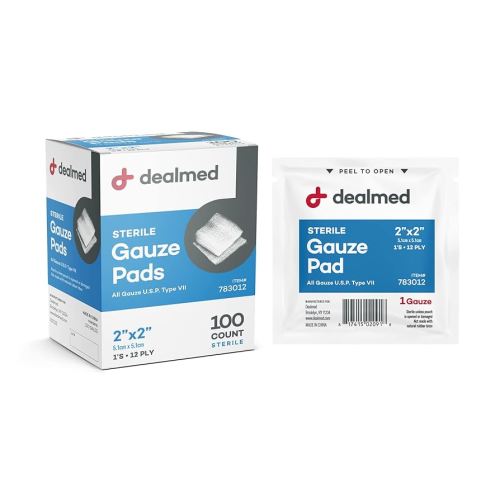 Dealmed 2’’ x 2’’ Sterile Gauze Pads (100 Count) Disposable and Individually Wrapped Medical Gauze Pads, Wound Care Product for First Aid Kit and Medical Facilities (Pack of 1)