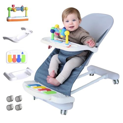 CuddoBaby Baby Bouncer 4-in-1 with Wheels, Detachable Piano, Feeding Tray, Play Bar, Thick Base. 3-Level Incline Portable Seat for Infant to Toddler 0-6, 0-12, 12-24 Months, Upto 29Lbs - Blue