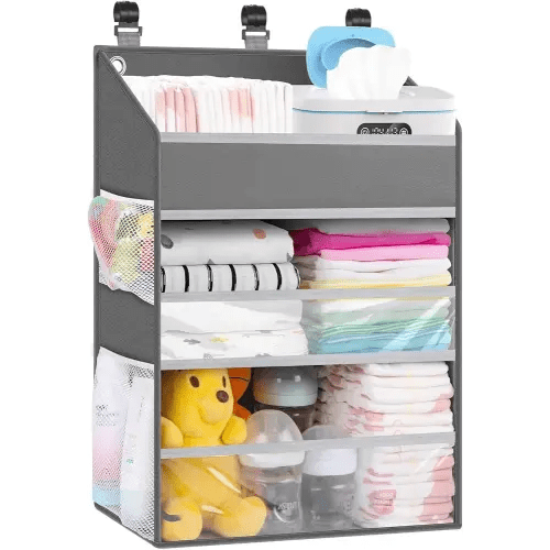 Hanging Diaper Caddy Organizer Crib Organizer–Spacious Baby Girl/Boy Diaper Organizer for Changing Table, Playpen/Wall- Hold 90+ Diaper (Grey)