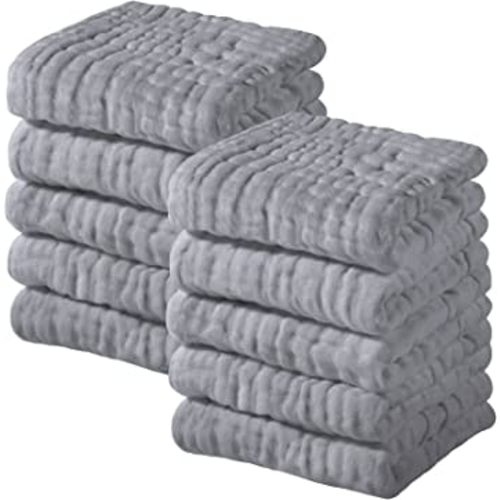 Yoofoss Muslin Baby Washcloths 100% Cotton Face Towels 10 Pack Wash Cloths for Baby 12x12in Soft and Absorbent Baby Wipes (Grey)