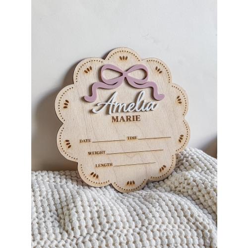 Birth Stat Sign Bow Sign Baby Name Pink Girl Personalized Nursery Decor Announcement Hospital Newborn Photo Prop Milestone Plaque Lace