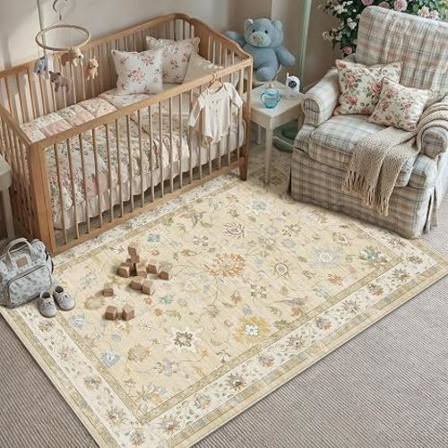 HUGEAR 5x7 Beige Retro Floral Washable Area Rug for Living Room