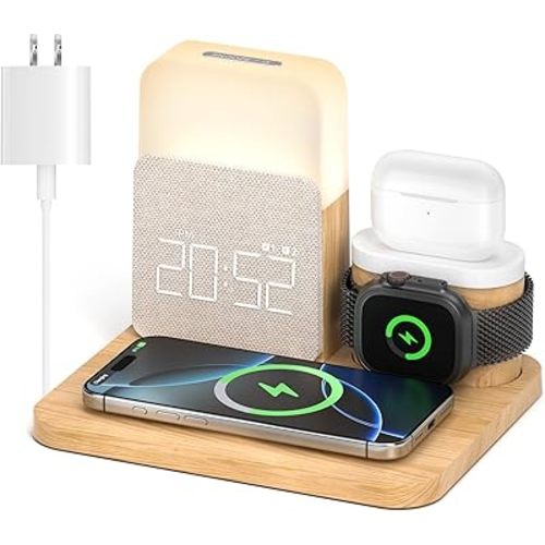 Alarm Clock Charging Station for Bedrooms, 7 in 1 Wireless Charging Station, Magnetic Charger with Night Light Bedside Clock for iPhone 17 16 15 14 13 12 Pro Max, Apple Watch, AirPods