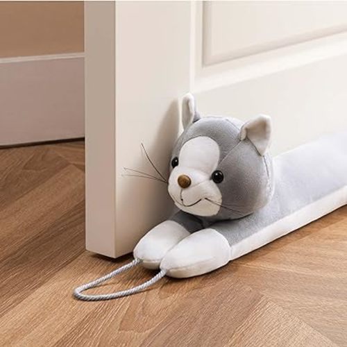 habibee 38'' Door Draft Stopper for Bottom of Door, Avoid Noise or Cold Air, Cute Grey Cat Draft Blocker for Window, Decorative Soundproof with Hanging Loops for Sweet Home, Heavy Duty 2.2 Pounds