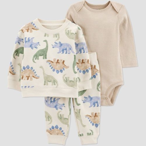 Carter's Just One You® Baby Boys' 3pc Dinosaur Sweatshirt with Long Sleeve Bodysuit and Jogger Pants Set - Cream