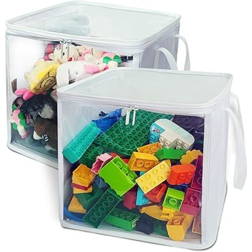 holay 2-Pack 12" Cube Storage Bins [White] - 27L Capacity PVC Boxes Transparent Lid & Handles - Durable & Foldable - Multi-Purpose Toy, Clothes, Blocks Organizer for Kids, Toddlers, Playroom (Large)