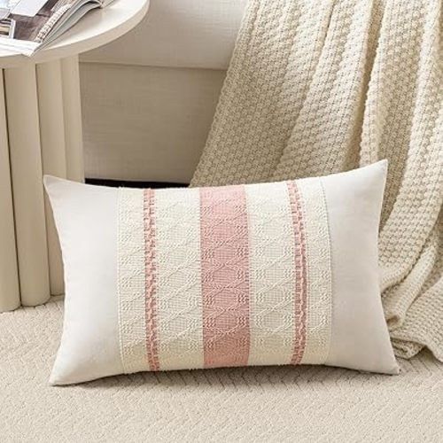 Fancy Homi Set of 1 Boho Pink Lumbar Decorative Throw Pillow Cover 12x20 Inch for Couch Bed Sofa Chair, Modern Organic Farmhouse Home Decor, Soft Cotton Cute Accent Rectangle Cushion Case