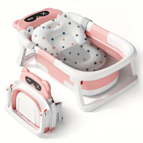 Baby bathtub with soft cushion and thermometer, portable travel folding baby bathtub, bathtub with drainage hole, durable folding baby bathtub, suitable for newborns to toddlers, Christmas gift(Pink)