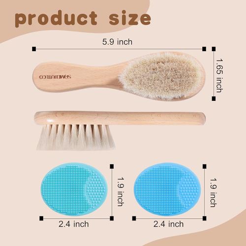 Baby Hair Brush and Cradle Cap Brush Set Goat Hair Bristles Brush 2 Pieces Silicone Cradle Cap Brushes Wood Handle Newborn Brush Kit for Newborns and Toddlers 3 Packs