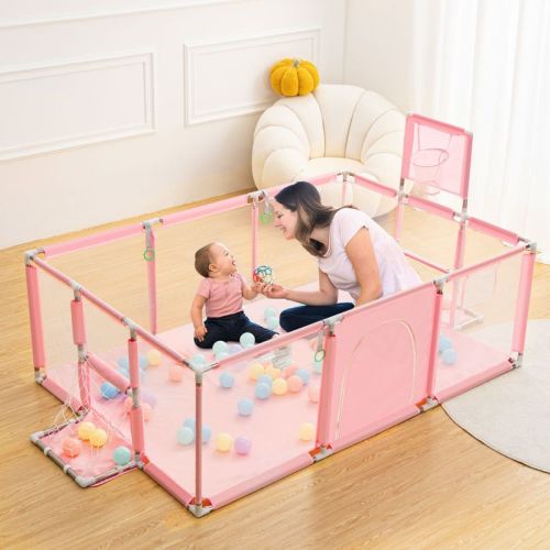 GOTGELIF 71"x48" 4-Panel Baby Playpen Portable Playard with Basketball Hoop