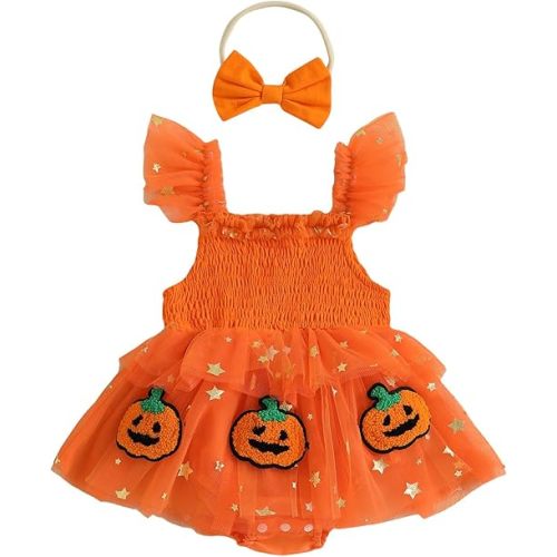 0-18 Months Baby Girl Halloween Clothes Smocked Pumpkin Romper Onesie Tulle Lace Bodysuit Infant Girl Christmas Clothes (Orange, 12-18 Months)